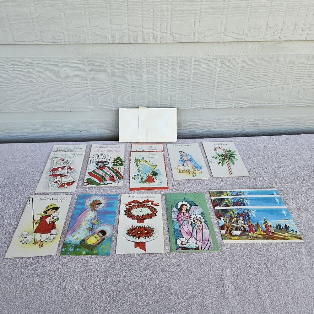 VTG Christmas Card Set of 15 Holiday Greeting Bells Mouse Harp Candy Cane Mary